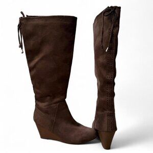 Y2K Brown Suede Knee High Wedge Boots